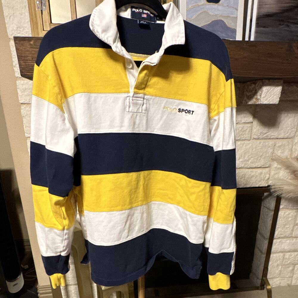 VTG 90’s Polo Sport Ralph Lauren Rugby Shirt Men's M Yellow Navy White Striped
